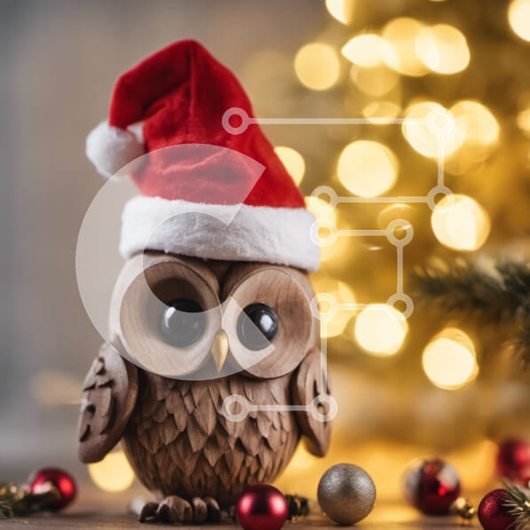 Intra Συλλεκτικό Ξύλινο Παζλ Plywood  4mm - Εορταστικό ειδώλιο κουκουβάγιας με κόκκινο καπέλο Άγιου Βασίλη και Χριστουγεννιάτικα στολίδια Σε Ξύλινο Κουτί - Διαστάσεις: 10x10 cm – 25 κομμάτια