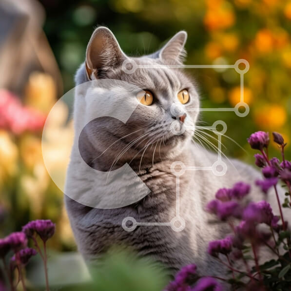 Intra Συλλεκτικό Ξύλινο Παζλ Plywood  4mm - Όμορφη εικόνα μιας γκρίζας γάτας σε έναν κήπο γεμάτο μοβ λουλούδια Σε Ξύλινο Κουτί - Διαστάσεις: 10x10 cm – 25 κομμάτια