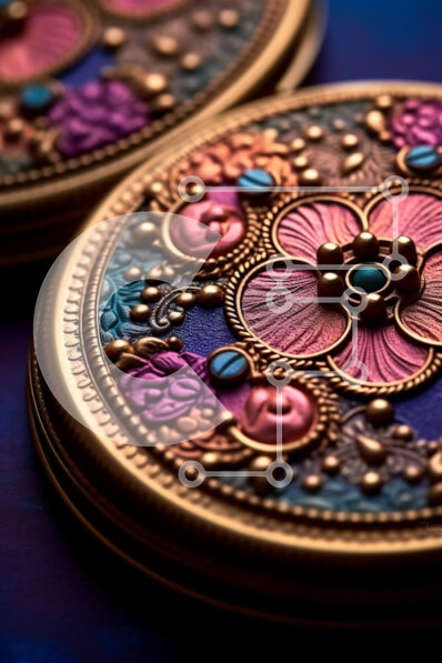 Intra Συλλεκτικό Ξύλινο Παζλ Plywood  4mm - Περίπλοκα floral νομίσματα σε ροζ, μωβ και χρυσό σε μπλε επιφάνεια Σε Ξύλινο Κουτί - Διαστάσεις: 10x10 cm – 25 κομμάτια