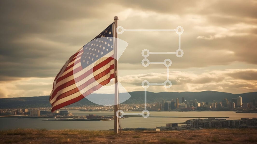 Intra Συλλεκτικό Ξύλινο Παζλ Plywood  4mm - Όμορφη εικόνα της αμερικανικής σημαίας σε έναν λόφο με φόντο το νερό και την πόλη Σε Ξύλινο Κουτί - Διαστάσεις Puzzle: 10x10 cm – 25 κομμάτια