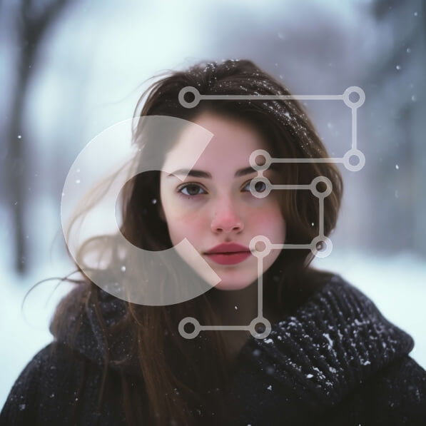 Intra Συλλεκτικό Ξύλινο Παζλ Plywood  4mm - Σοβαρή νεαρή γυναίκα στο χιόνι με μακριά σκούρα μαλλιά και καστανά μάτια Σε Ξύλινο Κουτί - Διαστάσεις Puzzle: 10x10 cm – 25 κομμάτια