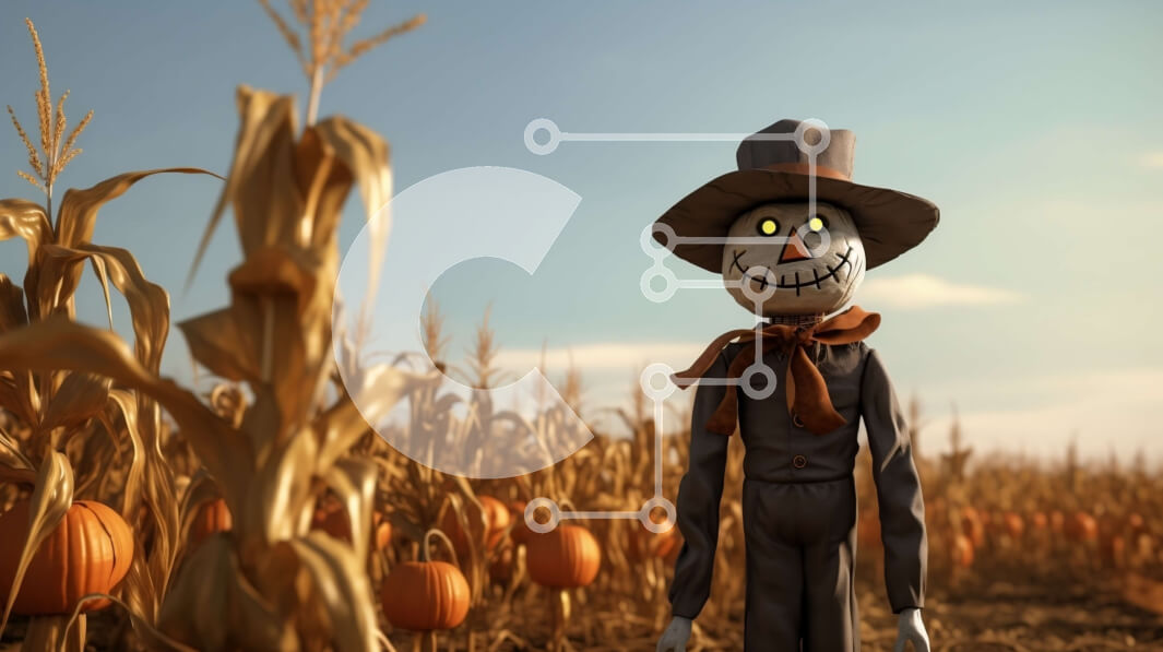 Intra Συλλεκτικό Ξύλινο Παζλ Plywood  4mm - Σκιάχτρο που στέκεται σε ένα φθινοπωρινό καλαμπόκι με κολοκύθες Σε Ξύλινο Κουτί - Διαστάσεις Puzzle: 10x10 cm – 25 κομμάτια