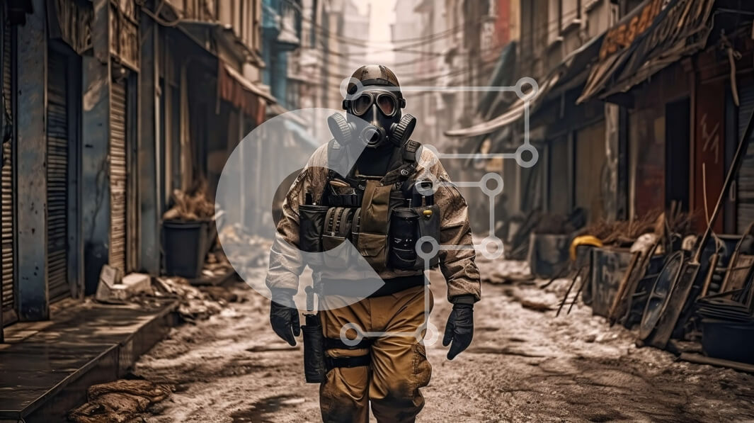 Intra Συλλεκτικό Ξύλινο Παζλ Plywood  4mm - Έρημο σοκάκι με άτομο με μάσκα αερίου και προστατευτική ενδυμασία Σε Ξύλινο Κουτί - Διαστάσεις Puzzle: 10x10 cm – 25 κομμάτια