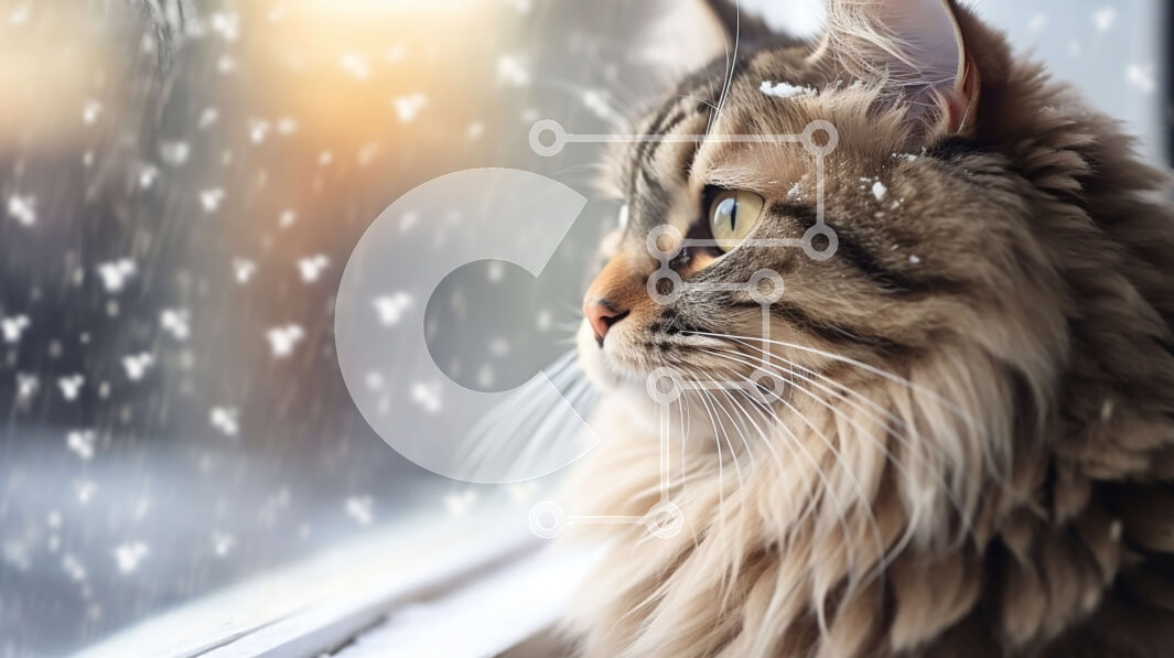 Σετ των 2 Intra Συλλεκτικό Ξύλινο Παζλ Plywood  4mm - Αφράτη γάτα που κοιτάζει έξω από το παράθυρο στο χιόνι που πέφτει Σε Ξύλινο Κουτί - Διαστάσεις: 10x10 cm – 25 κομμάτια