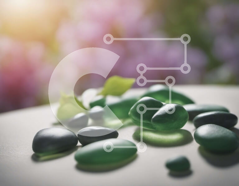 Intra Συλλεκτικό Ξύλινο Παζλ Plywood  4mm - Πράσινα βότσαλα σε λευκό τραπέζι με μωβ λουλούδια Σε Ξύλινο Κουτί - Διαστάσεις Puzzle: 10x10 cm – 25 κομμάτια