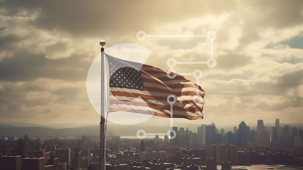 Intra Συλλεκτικό Ξύλινο Παζλ Plywood  4mm - Υπερήφανη εικόνα της αμερικανικής σημαίας που κυματίζει ψηλά πάνω από τον ορίζοντα της πόλης Σε Ξύλινο Κουτί - Διαστάσεις Puzzle: 10x10 cm – 25 κομμάτια