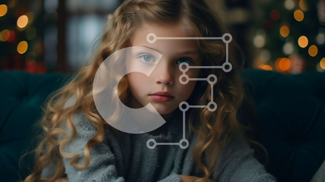 Intra Συλλεκτικό Ξύλινο Παζλ Plywood  4mm - Σοβαρό κορίτσι που κάθεται μπροστά από το χριστουγεννιάτικο δέντρο Σε Ξύλινο Κουτί - Διαστάσεις Puzzle: 10x10 cm – 25 κομμάτια