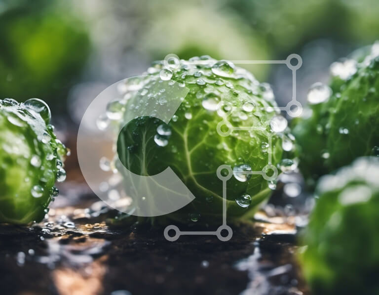 Intra Συλλεκτικό Ξύλινο Παζλ Plywood  4mm - Κοντινό πλάνο Πράσινα Λαχανάκια Βρυξελλών με σταγονίδια νερού Σε Ξύλινο Κουτί - Διαστάσεις: 10x10 cm – 25 κομμάτια