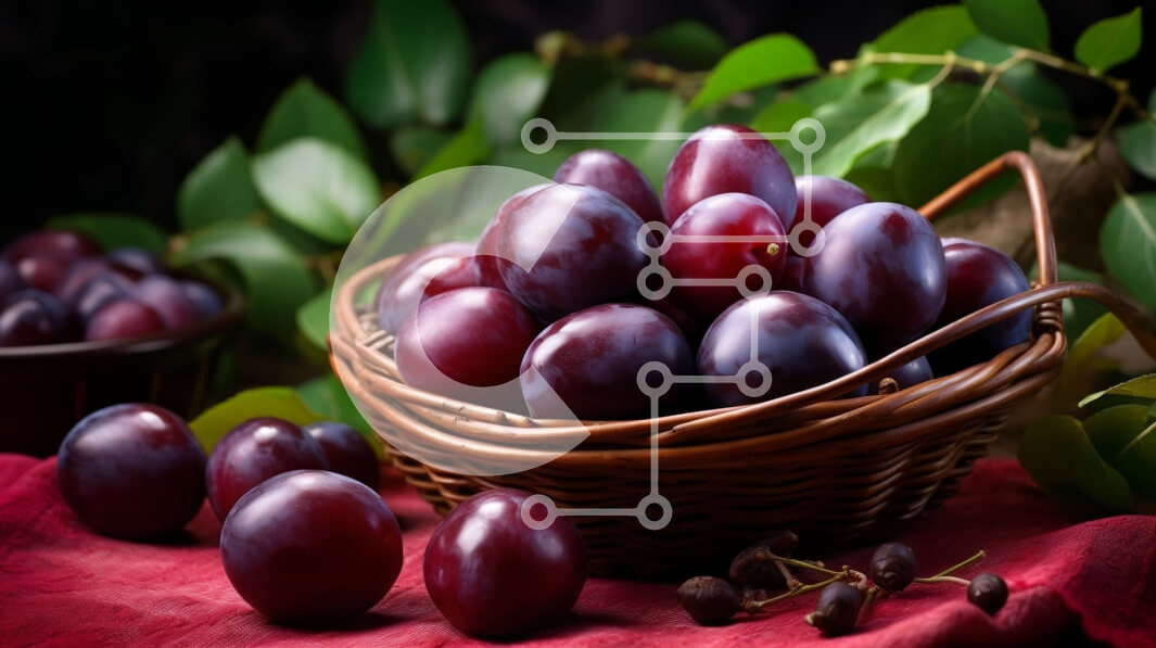 Σετ των 2 Intra Συλλεκτικό Ξύλινο Παζλ Plywood  4mm - Καλάθι με ώριμα δαμάσκηνα σε ένα κόκκινο τραπεζομάντιλο Σε Ξύλινο Κουτί - Διαστάσεις: 10x10 cm – 25 κομμάτια