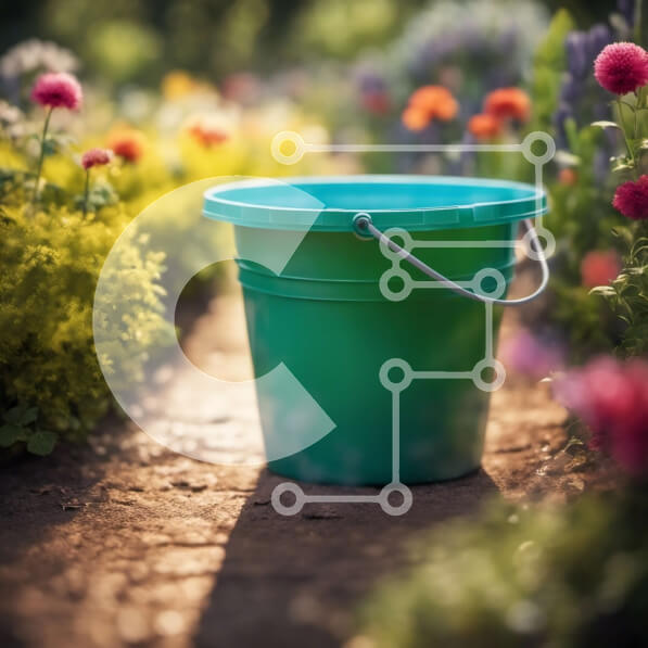 Intra Συλλεκτικό Ξύλινο Παζλ Plywood  4mm - Πράσινος πλαστικός κουβάς σε έναν κήπο με λουλούδια Σε Ξύλινο Κουτί - Διαστάσεις: 10x10 cm – 25 κομμάτια