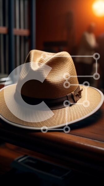 Intra Συλλεκτικό Ξύλινο Παζλ Plywood  4mm - Μαύρο καπέλο σε ξύλινο τραπέζι με θέα στον ορίζοντα της πόλης στο ηλιοβασίλεμα Σε Ξύλινο Κουτί - Διαστάσεις Puzzle: 10x10 cm – 25 κομμάτια