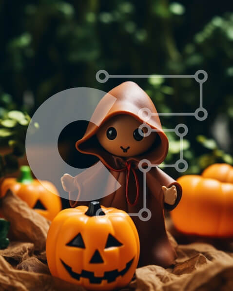 Intra Συλλεκτικό Ξύλινο Παζλ Plywood  4mm - Πορτοκαλί φιγούρα με κουκούλα που κάθεται σε κολοκύθες Σε Ξύλινο Κουτί - Διαστάσεις Puzzle: 10x10 cm – 25 κομμάτια