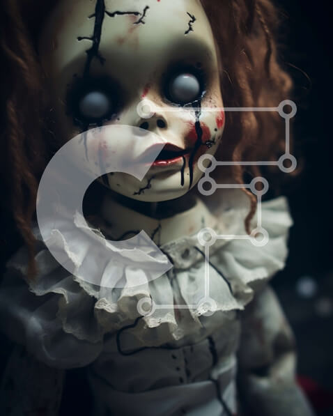 Intra Συλλεκτικό Ξύλινο Παζλ Plywood  4mm - Ταλαιπωρημένη ανατριχιαστική κούκλα με καστανοκόκκινα μαλλιά και ματωμένα μάτια Σε Ξύλινο Κουτί - Διαστάσεις Puzzle: 10x10 cm – 25 κομμάτια