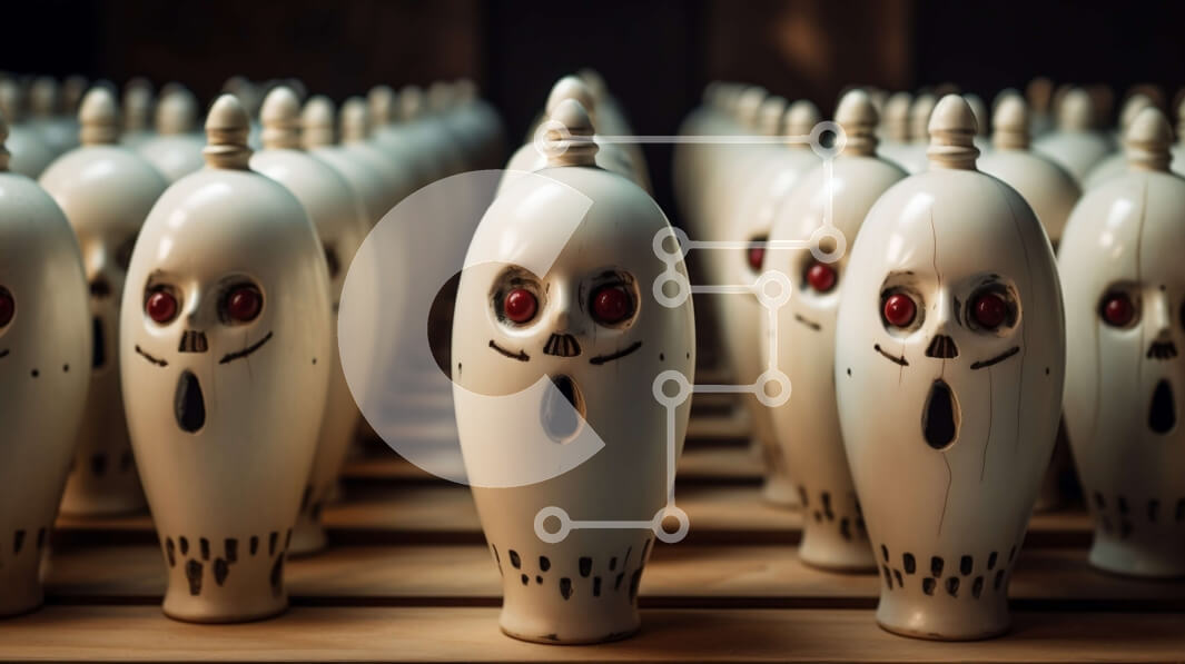 Intra Συλλεκτικό Ξύλινο Παζλ Plywood  4mm - Σειρά από κεραμικά κρανία με κόκκινα μάτια σε ξύλινη επιφάνεια Σε Ξύλινο Κουτί - Διαστάσεις Puzzle: 10x10 cm – 25 κομμάτια