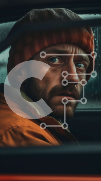 Intra Συλλεκτικό Ξύλινο Παζλ Plywood  4mm - Σοβαρός άντρας με πορτοκαλί μπουφάν και Μπανί που κάθεται σε παρκαρισμένο αυτοκίνητο τη βροχερή μέρα Σε Ξύλινο Κουτί - Διαστάσεις Puzzle: 10x10 cm – 25 κομμάτια