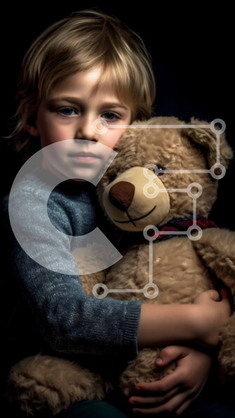 Intra Συλλεκτικό Ξύλινο Παζλ Plywood  4mm - Αγόρι που αγκαλιάζει ένα γεμιστό αρκουδάκι με ένα γκρι πουλόβερ Σε Ξύλινο Κουτί - Διαστάσεις Puzzle: 10x10 cm – 25 κομμάτια