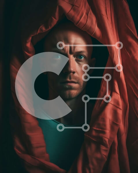 Intra Συλλεκτικό Ξύλινο Παζλ Plywood  4mm - Σοβαρός άνδρας που στέκεται πίσω από την κόκκινη κουρτίνα σε μαύρο και άσπρο Σε Ξύλινο Κουτί - Διαστάσεις Puzzle: 10x10 cm – 25 κομμάτια