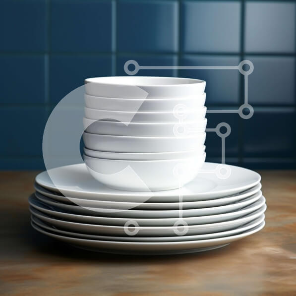 Intra Συλλεκτικό Ξύλινο Παζλ Plywood  4mm - Στοίβα από λευκά πιάτα και μπολ σε ξύλινο τραπέζι Σε Ξύλινο Κουτί - Διαστάσεις Puzzle: 10x10 cm – 25 κομμάτια