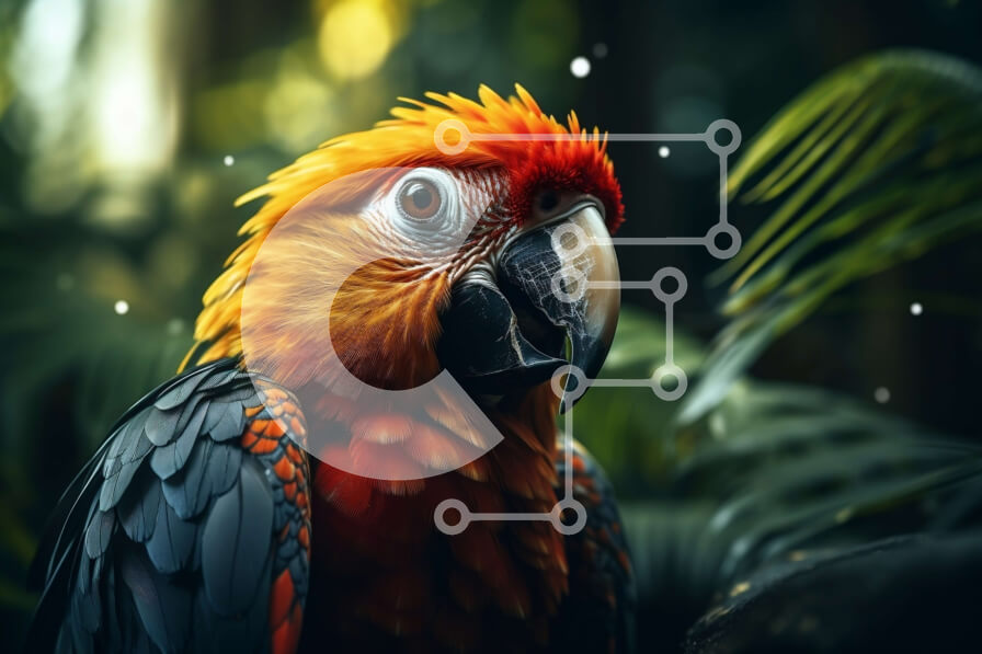 Σετ των 2 Intra Συλλεκτικό Ξύλινο Παζλ Plywood  4mm - Κοντινό πλάνο του κεφαλιού ενός παπαγάλου σε μια ζούγκλα Σε Ξύλινο Κουτί - Διαστάσεις: 10x10 cm – 25 κομμάτια