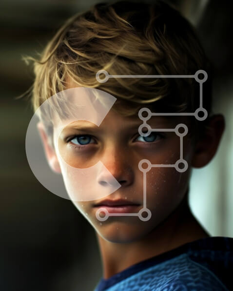 Intra Συλλεκτικό Ξύλινο Παζλ Plywood  4mm - Σοβαρό πορτρέτο νεαρού αγοριού με ξανθά μαλλιά και μπλε μάτια μπροστά από τον τοίχο γκράφιτι Σε Ξύλινο Κουτί - Διαστάσεις Puzzle: 10x10 cm – 25 κομμάτια