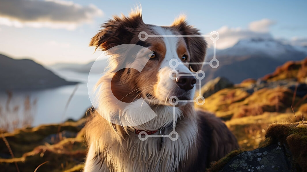 Intra Συλλεκτικό Ξύλινο Παζλ Plywood  4mm - Καφέ και άσπρο σκυλί που κάθεται σε βραχώδη προεξοχή με βουνά στο φόντο Σε Ξύλινο Κουτί - Διαστάσεις: 10x10 cm – 25 κομμάτια