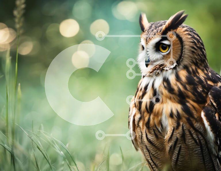 Σετ των 2 Intra Συλλεκτικό Ξύλινο Παζλ Plywood  4mm - Μεγάλη κουκουβάγια που κάθεται σε μια χλοώδη περιοχή Σε Ξύλινο Κουτί - Διαστάσεις: 10x10 cm – 25 κομμάτια