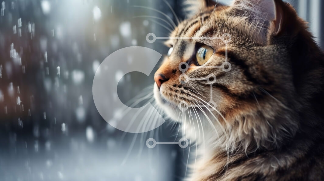 Σετ των 2 Intra Συλλεκτικό Ξύλινο Παζλ Plywood  4mm - Κοντινό πλάνο του προσώπου μιας γάτας που κοιτάζει έξω από ένα βροχερό παράθυρο Σε Ξύλινο Κουτί - Διαστάσεις: 10x10 cm – 25 κομμάτια