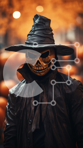 Intra Συλλεκτικό Ξύλινο Παζλ Plywood  4mm - Άτομο με μαύρο παλτό και μάσκα που στέκεται μπροστά από κολοκύθες Σε Ξύλινο Κουτί - Διαστάσεις: 10x10 cm – 25 κομμάτια