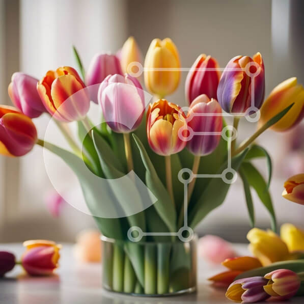 Intra Συλλεκτικό Ξύλινο Παζλ Plywood  4mm - Ζωντανές τουλίπες σε βάζο με φόντο όμορφο κήπο Σε Ξύλινο Κουτί - Διαστάσεις: 10x10 cm – 25 κομμάτια