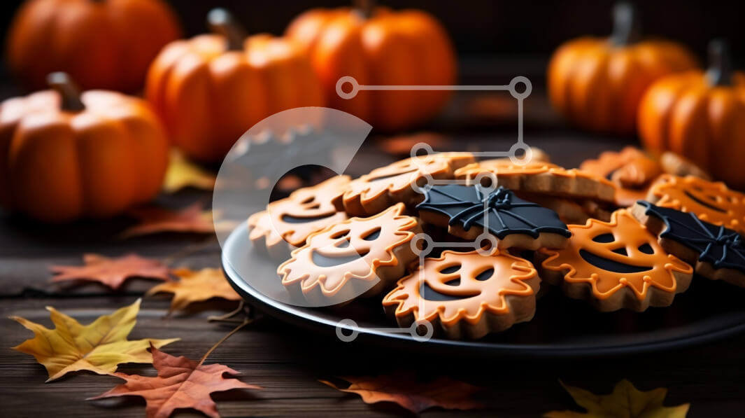 Σετ των 2 Intra Συλλεκτικό Ξύλινο Παζλ Plywood  4mm - Μπισκότα σε σχήμα κολοκύθας με χαμογελαστά πρόσωπα και φτερά νυχτερίδας σε ένα ξύλινο πιάτο Σε Ξύλινο Κουτί - Διαστάσεις: 10x10 cm – 25 κομμάτια