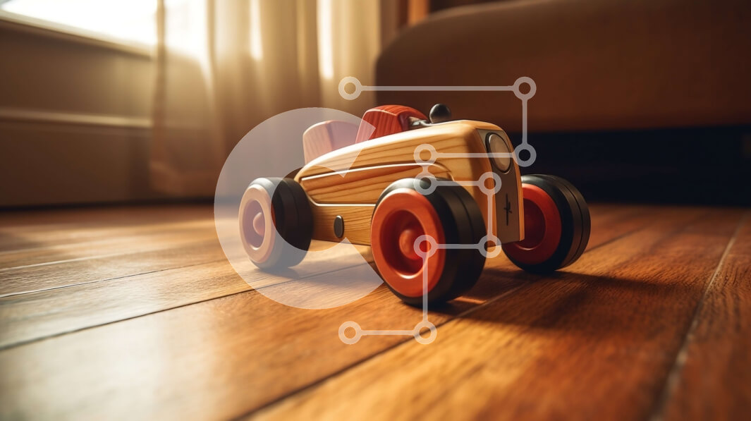 Intra Συλλεκτικό Ξύλινο Παζλ Plywood  4mm - Κόκκινο και άσπρο ξύλινο αυτοκίνητο παιχνιδιών σε ξύλινο πάτωμα Σε Ξύλινο Κουτί - Διαστάσεις: 10x10 cm – 25 κομμάτια