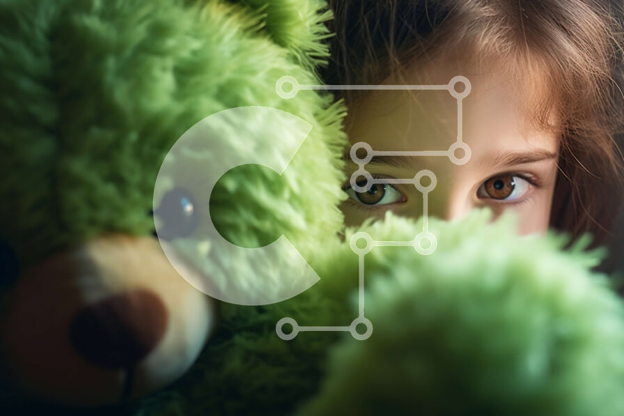 Intra Συλλεκτικό Ξύλινο Παζλ Plywood  4mm - Νεαρό κορίτσι με μακριά καστανά μαλλιά που κρυφοκοιτάζει πίσω από ένα μεγάλο πράσινο αρκουδάκι Σε Ξύλινο Κουτί - Διαστάσεις Puzzle: 10x10 cm – 25 κομμάτια