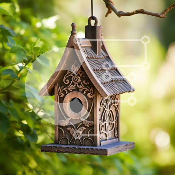 Intra Συλλεκτικό Ξύλινο Παζλ Plywood  4mm - Όμορφο Ξύλινο Σπιτάκι πουλιών με περίπλοκα σκαλίσματα σε έναν κήπο Σε Ξύλινο Κουτί - Διαστάσεις Puzzle: 10x10 cm – 25 κομμάτια