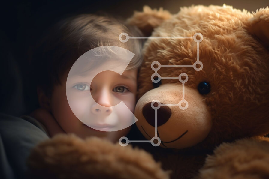 Intra Συλλεκτικό Ξύλινο Παζλ Plywood  4mm - Νεαρό αγόρι που αγκαλιάζει ένα μεγάλο καφέ αρκουδάκι Σε Ξύλινο Κουτί - Διαστάσεις Puzzle: 10x10 cm – 25 κομμάτια