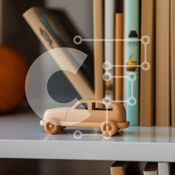 Intra Συλλεκτικό Ξύλινο Παζλ Plywood  4mm - Ξύλινο αυτοκίνητο παιχνιδιών στο ράφι με βιβλία και κολοκύθα Σε Ξύλινο Κουτί - Διαστάσεις: 10x10 cm – 25 κομμάτια