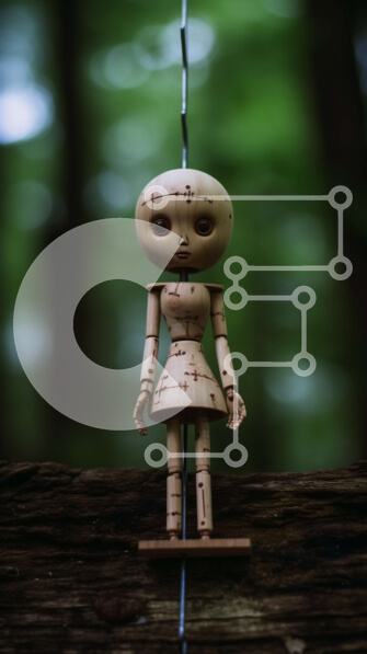 Σετ των 2 Intra Συλλεκτικό Ξύλινο Παζλ Plywood  4mm - Μυστηριώδης εικόνα μιας ξύλινης κούκλας που κρέμεται σε ένα πυκνό δάσος Σε Ξύλινο Κουτί - Διαστάσεις: 10x10 cm – 25 κομμάτια