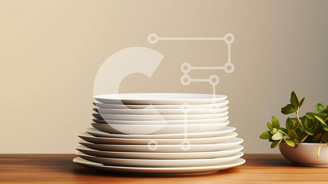 Intra Συλλεκτικό Ξύλινο Παζλ Plywood  4mm - Στοίβα από άδεια λευκά πιάτα σε ένα ξύλινο τραπέζι Σε Ξύλινο Κουτί - Διαστάσεις Puzzle: 10x10 cm – 25 κομμάτια