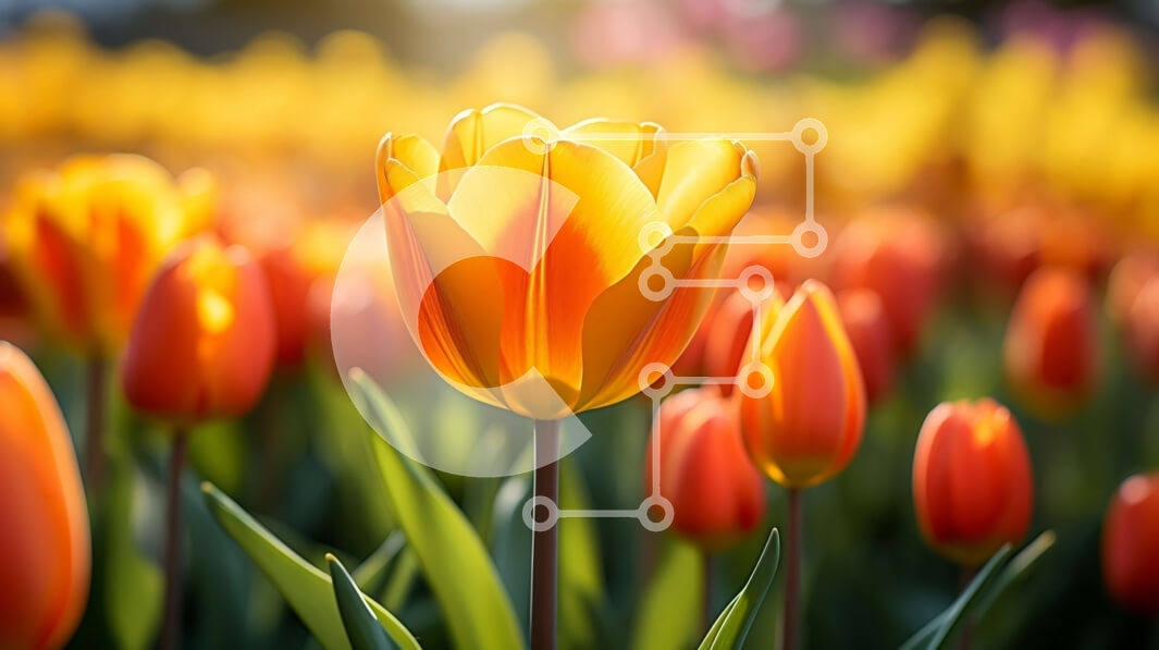 Intra Συλλεκτικό Ξύλινο Παζλ Plywood  4mm - Ζωντανές πορτοκαλί τουλίπες σε ένα ηλιόλουστο πεδίο Σε Ξύλινο Κουτί - Διαστάσεις: 10x10 cm – 25 κομμάτια