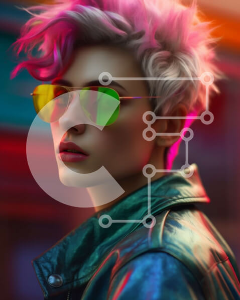 Intra Συλλεκτικό Ξύλινο Παζλ Plywood  4mm - Κομψή γυναίκα με ροζ μαλλιά μπροστά από το νέον φωτισμένο φόντο Σε Ξύλινο Κουτί - Διαστάσεις Puzzle: 10x10 cm – 25 κομμάτια