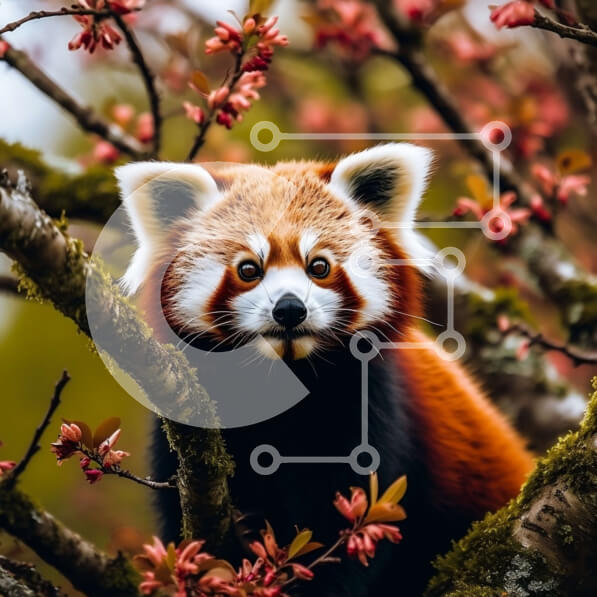 Intra Συλλεκτικό Ξύλινο Παζλ Plywood  4mm - Αξιολάτρευτη εικόνα ενός κόκκινου πάντα σε ένα δέντρο με ροζ λουλούδια Σε Ξύλινο Κουτί - Διαστάσεις: 10x10 cm – 25 κομμάτια