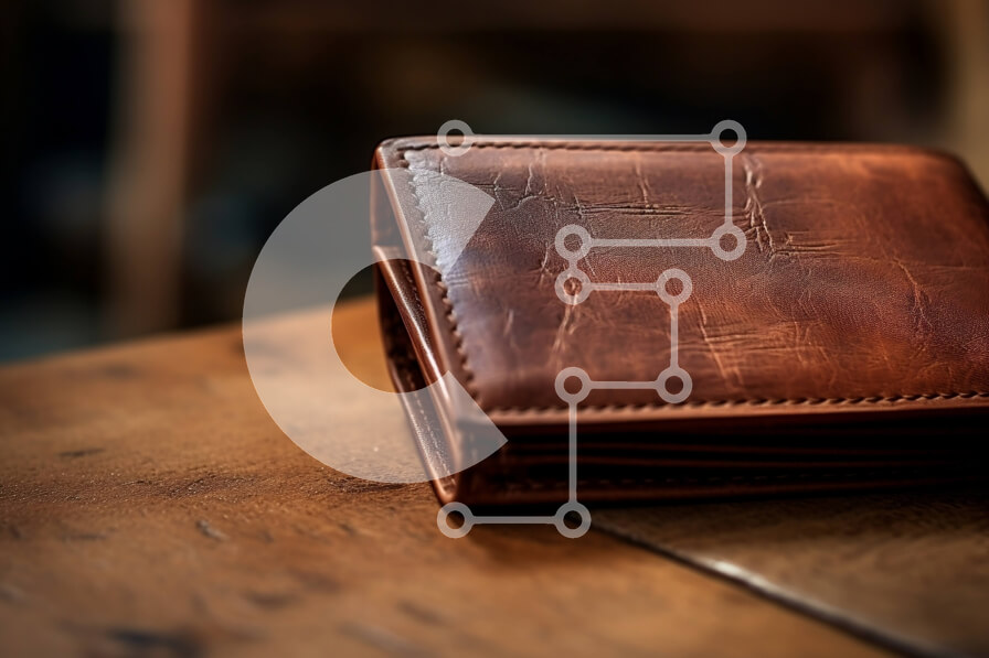 Intra Συλλεκτικό Ξύλινο Παζλ Plywood  4mm - Εικόνα υψηλής ποιότητας ενός καφέ δερμάτινου πορτοφολιού σε ένα ξύλινο τραπέζι Σε Ξύλινο Κουτί - Διαστάσεις: 10x10 cm – 25 κομμάτια