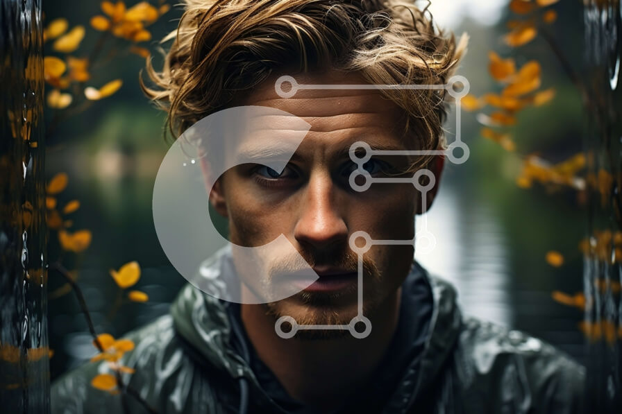 Intra Συλλεκτικό Ξύλινο Παζλ Plywood  4mm - Σοβαρό άτομο που στέκεται δίπλα στο νερό με τα φύλλα που πέφτουν στο παρασκήνιο Σε Ξύλινο Κουτί - Διαστάσεις Puzzle: 10x10 cm – 25 κομμάτια