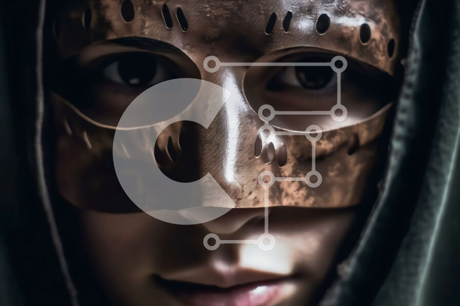 Intra Συλλεκτικό Ξύλινο Παζλ Plywood  4mm - Άτομο που φοράει μεταλλική μάσκα με περίπλοκα σχέδια Σε Ξύλινο Κουτί - Διαστάσεις Puzzle: 10x10 cm – 25 κομμάτια