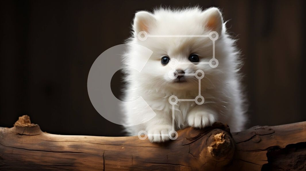 Σετ των 2 Intra Συλλεκτικό Ξύλινο Παζλ Plywood  4mm - Χνουδωτό λευκό σκυλί που κάθεται σε ένα ξύλινο κούτσουρο Σε Ξύλινο Κουτί - Διαστάσεις: 10x10 cm – 25 κομμάτια