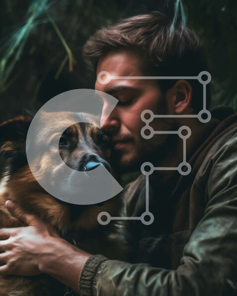 Intra Συλλεκτικό Ξύλινο Παζλ Plywood  4mm - Συγκινητική εικόνα ενός άνδρα και του σκύλου του να αγκαλιάζονται στο δάσος Σε Ξύλινο Κουτί - Διαστάσεις: 10x10 cm – 25 κομμάτια