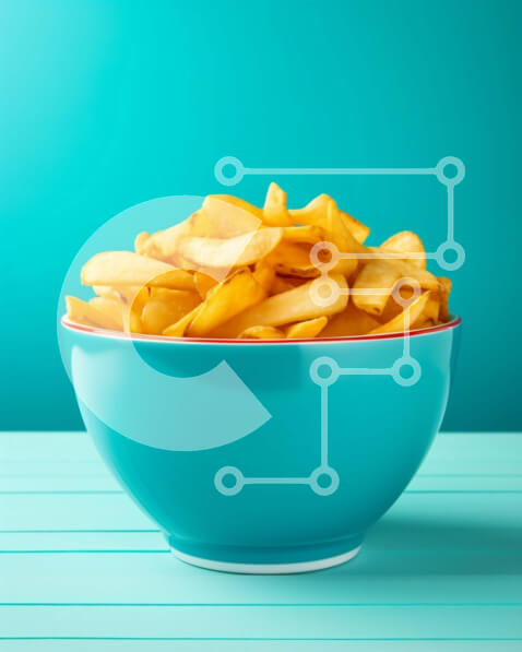 Σετ των 2 Intra Συλλεκτικό Ξύλινο Παζλ Plywood  4mm - Μπολ με τηγανιτές πατάτες σε ένα μπλε τραπέζι Σε Ξύλινο Κουτί - Διαστάσεις: 10x10 cm – 25 κομμάτια