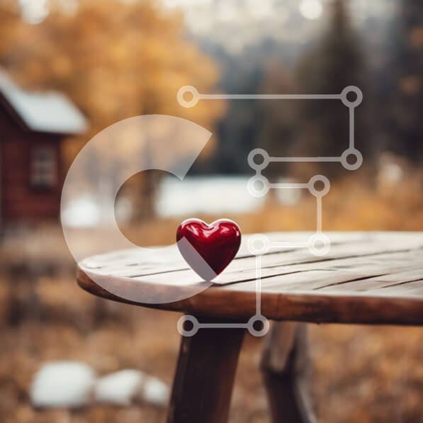 Intra Συλλεκτικό Ξύλινο Παζλ Plywood  4mm - Κόκκινη καρδιά σε ξύλινο τραπέζι μπροστά από την καμπίνα στο δάσος Σε Ξύλινο Κουτί - Διαστάσεις: 10x10 cm – 25 κομμάτια