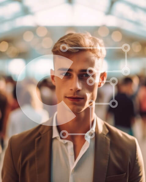 Intra Συλλεκτικό Ξύλινο Παζλ Plywood  4mm - Σοβαρός νεαρός άνδρας με καφέ σακάκι που ξεχωρίζει σε έναν πολυσύχναστο δρόμο Σε Ξύλινο Κουτί - Διαστάσεις Puzzle: 10x10 cm – 25 κομμάτια