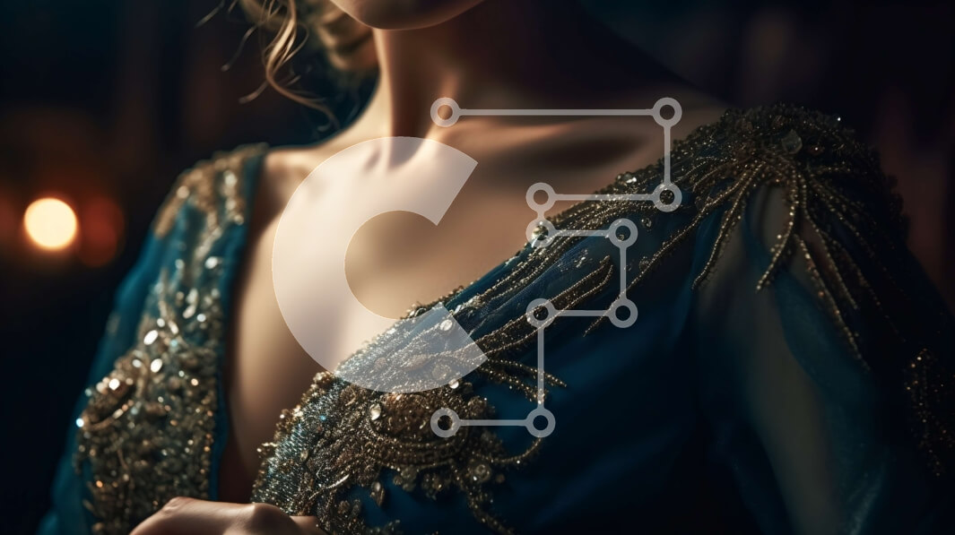 Intra Συλλεκτικό Ξύλινο Παζλ Plywood  4mm - Όμορφη γυναίκα με μπλε φόρεμα με χρυσό κέντημα και διαμαντένια σκουλαρίκια σε δωμάτιο με χαμηλό φωτισμό Σε Ξύλινο Κουτί - Διαστάσεις Puzzle: 10x10 cm – 25 κομμάτια