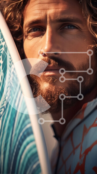 Intra Συλλεκτικό Ξύλινο Παζλ Plywood  4mm - Σοβαρός άνδρας με μακριά σγουρά μαλλιά και γένια που κουβαλά μια σανίδα του σερφ σε μια παραλία Σε Ξύλινο Κουτί - Διαστάσεις Puzzle: 10x10 cm – 25 κομμάτια